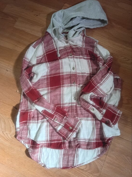 Tops - Womens Red Plaid Hooded Button-Up Shirt